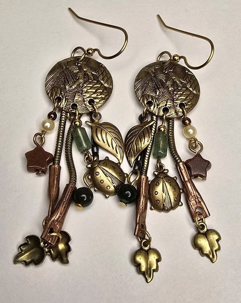 Silver Forest Brass Tone Lady Bug Star Dangle Leaf Hook Earrings