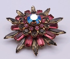 Vintage Judy Lee Pink Olive Green Rhinestone Atomic Style Starbust Brooch MCM
