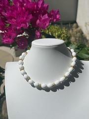Vintage MONET White Oval Lucite Bead Necklace & Textured Rope Gold Spacers 16″