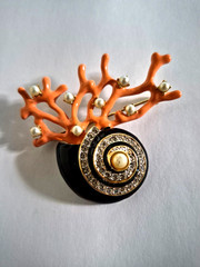 Kenneth J. Lane Signed KJL Coral Black Enamel Brooch Nautilus Shell Faux Pearl