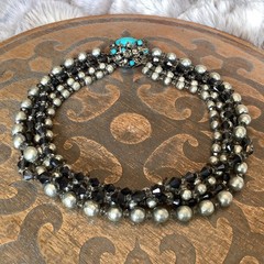Vintage Miriam Haskell Baroque Pearl Turquoise Rhinestone Crystal Clasp Necklace
