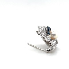 Mid Century Pearl Sapphire Diamond 14k White Gold Brooch 1950s
