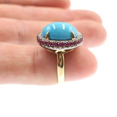 14k Solid Yellow Gold Natural Turquoise White Sapphire and Ruby HALO Ring Sz 5