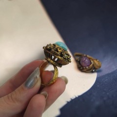 Vintage Gold Tone Cocktail Ring Set Teal, Faux Opal Sarah Coventry & Fire Flower