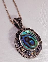 Vintage Abalone Marcasite Pendant Necklace & Clip Earrings Set FAS 925 Silver