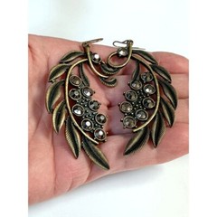 Vintage Bronze Leaf Hook Earrings Marcasite Stones- Boho Chic Statement Jewelry
