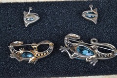REJA Sterling SALAMANDER LIZARD Brooch Earrings AQUA GLASS BELLY Vtg Set Signed