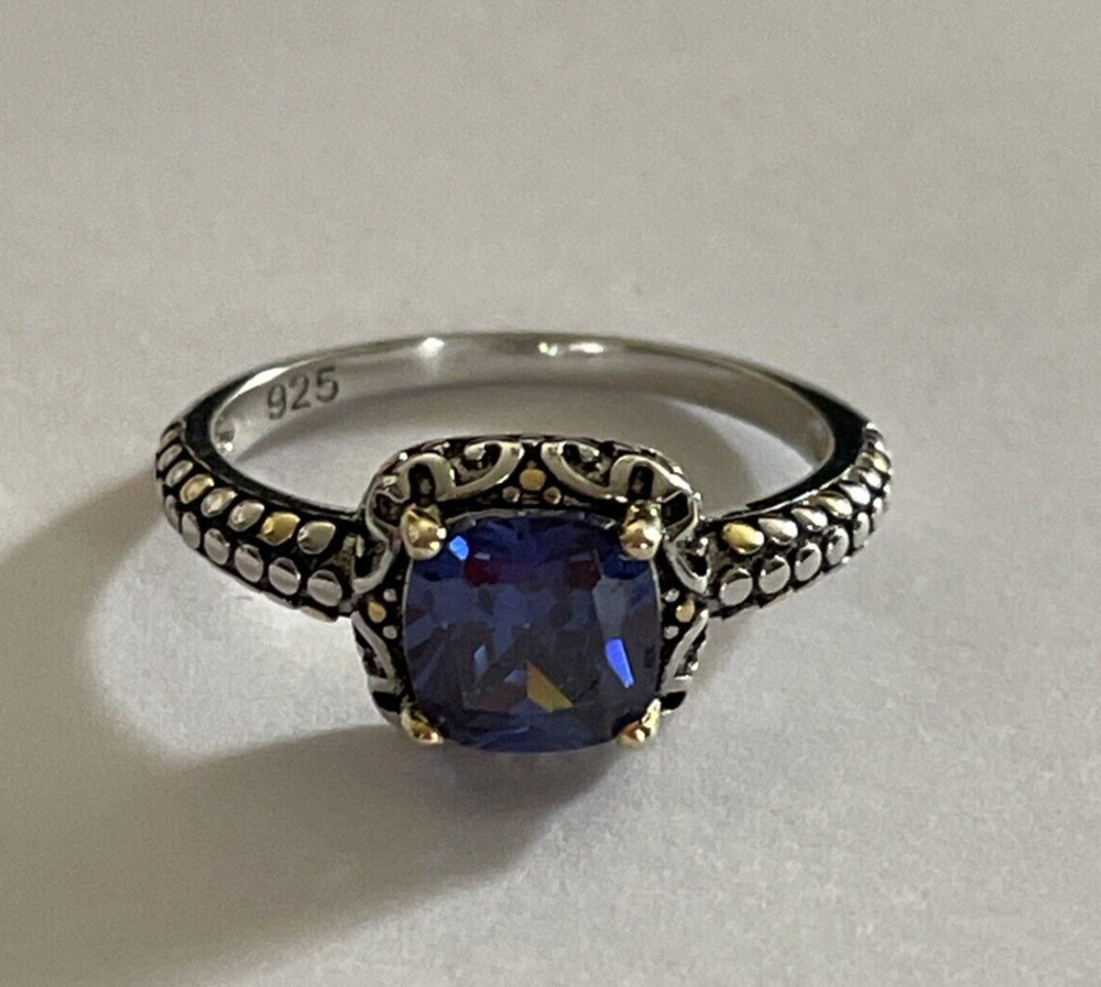 Simulated Square Blue Sapphire Stone Ring Scrolls & Beading on Band Size 8