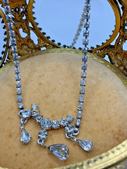 Vintage Clear Rhinestone Teardrop Dangle Necklace Silver Tone 16” Wedding Prom