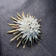 Art Deco Two Tone Rhinestone Starburst Brooch Missing Stones