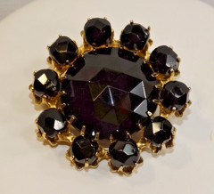 B51 VINTAGE RHINESTONE MOURNING BROOCH PIN JET BLACK STONE CABOCHON UNSIGN 1.25″