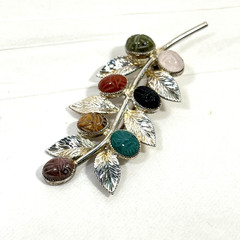 VTG Egyptian Scarab Leaf Brooch Pin Multi Gemstone Sterling Silver Designer JJJ