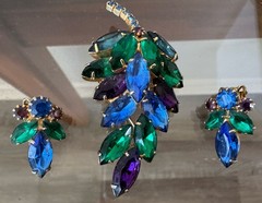 Vtg D&E Delizza Elster Juliana Brooch Earrings Peacock Blue Green Rhinestone