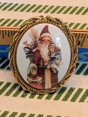 Fantastic Rare Gold And White Enamel Santa Claus with Kids And Presents Brooch