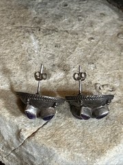 36. Vintage Tribal 925 Sterling Amethyst Stone Button Stud Earrings 21mm, 10.4g