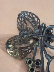 Art Deco Revival Brass Filigree Pin Open back Green Rhinestones Czech style