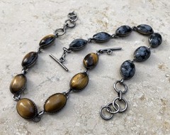🐯🖤 ✨VINTAGE STERLING SILVER TIGER’S EYE OBSIDIAN Toggle Bracelet Set LOT ✨🖤🐯