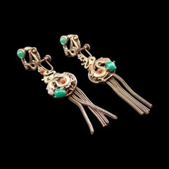 Antique Asian Dragon Jade Carnelian Cabochon Dangle Screw Back Tassel Earrings
