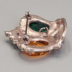 Vintage Rhinestone Crown Brooch Green Confetti Orange Oval Cabochon 37mm