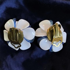 Vintage West Germany Blue White Lucite Flower Clip Earrings Articulated Petals