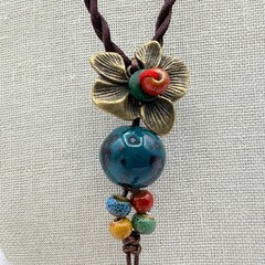 Vintage 90s Flower Pendant Necklace Glass Beads Brown Silk Cord Boho Jewelry