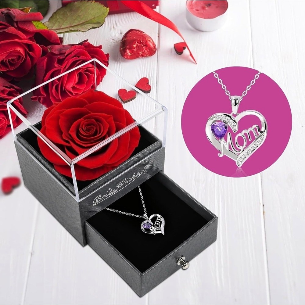 Birthday Gift for Mom Red Preserved Rose with Mom Necklace Purple Stone b35