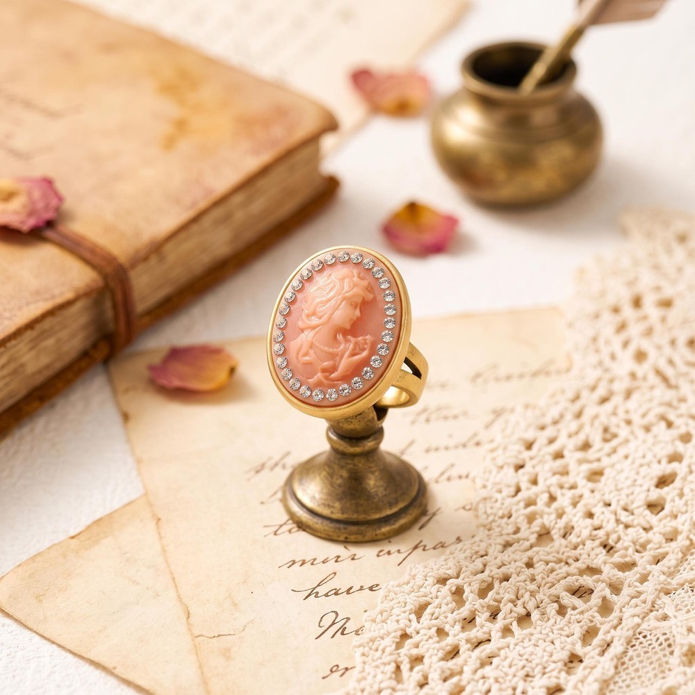 Vintage Pink Cameo Ring, Antique Gold Statement Ring, Rhinestone Halo