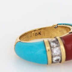 70s Vintage Turquoise Coral Diamond Band Sz 5 Ring 18k Yellow Gold Fine Jewelry