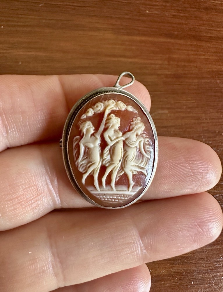 Vintage Antique 800 Silver Real Shell Cameo Three Graces Brooch Pendant