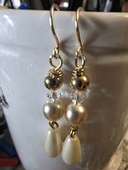 Repurposed Vintage Cream Glass pearl Crystal Teardrop earrings Goldp. Hooks
