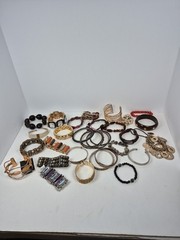 Lot of 30+ Mixed Materials Bracelets Bangle Stretch Cuff Wood Leather Metal