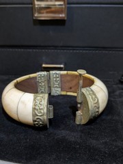 Vintage Bone And Brass Hinged Bracelet With Pin Closure