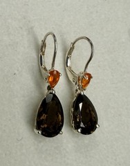 Sterling Silver 925 Fire Opal & Smoky Quartz Pear Cut Dangle Leverback Earrings