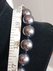 18in Glass Metallic Black Faux Pearls Necklace Large 0.5 Inch/12mm, Big Clasp