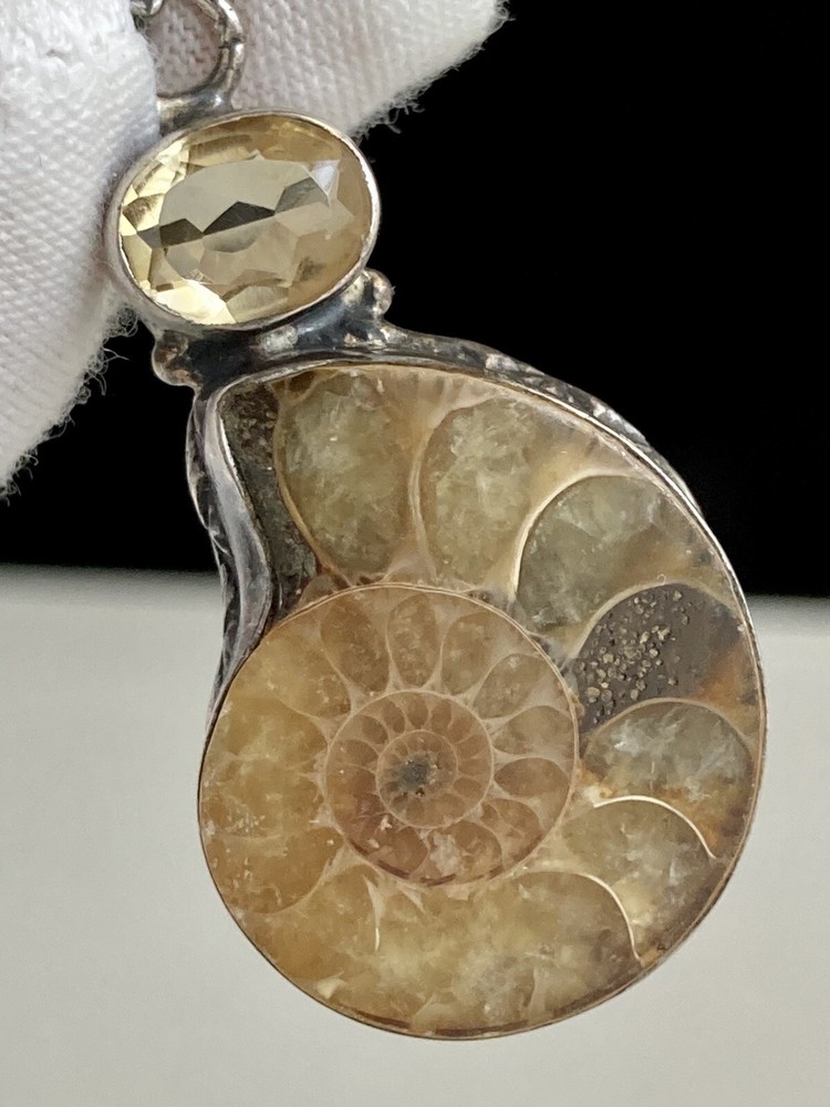 Ammonite Fossil Gemstone Bezel Set 1.75” Pendant 925 Sterling Silver 9.45g Vtg.