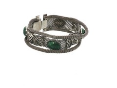 Vintage Silver Tone Filigree Mesh Bracelet Green Cabochon Stones Ornate Design