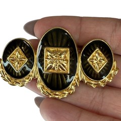 Monet Black Enamel and Gold Tone Three ovals bar Vintage Brooch Signed