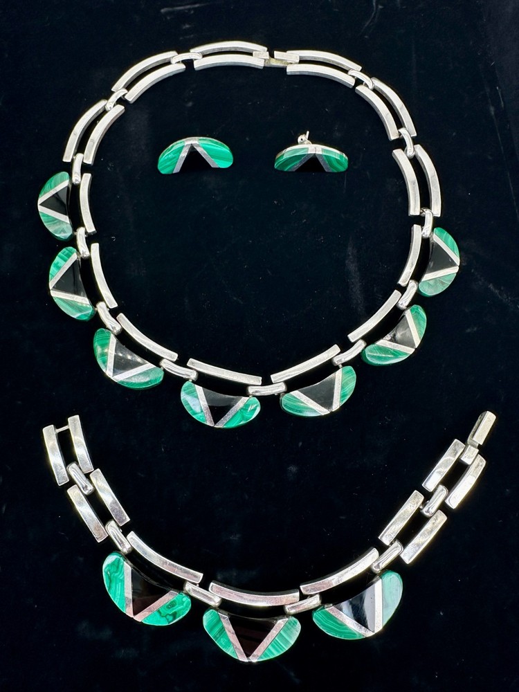 Vintage Taxco TS-108 925 Silver Malachite Onyx Necklace Bracelet Earrings