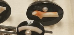 Vintage Japanese Cufflinks & Tie Bar Boxed Set Real pearl & Coral ~estate
