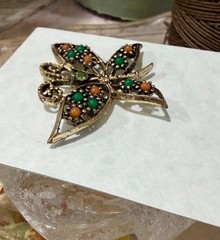 Butterfly Pin, Antique Gold-tone adorned with Faux Coral & Green Cabochons