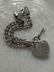 Vintage Sterling Silver Double Link Charm Bracelet Charms Heart Key 7 1/2” Love