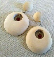 Vintage off white wood and amber glass bead pierced statement dangle earrings