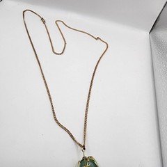 Vintage Artisan Gold Tone Wire Wrapped Jade Pendant Necklace Healing Green Stone
