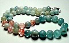 390.80ct 100% NATURAL ROUND AQUAMARINE,CHERRY QUARTZ 925 SILVER CLASP NECKLACE.