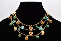 Vintage Beaded Multi-Strand Leaf Charm Necklace Collar Gold Turquoise 70s BinBN