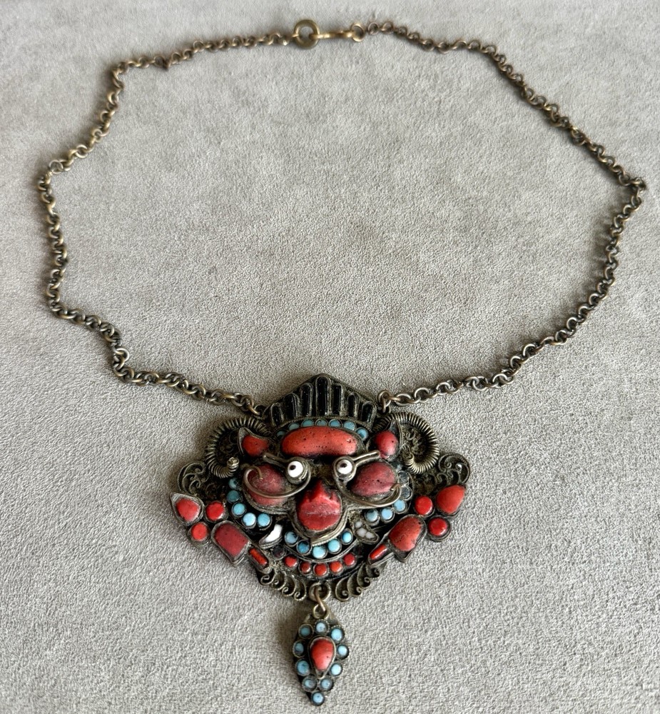 Vtg Tibetan Nepali HUGE 4″ WRATHFUL DEITY PENDANT Coral Turquoise Brass NECKLACE