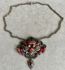 Vtg Tibetan Nepali HUGE 4″ WRATHFUL DEITY PENDANT Coral Turquoise Brass NECKLACE
