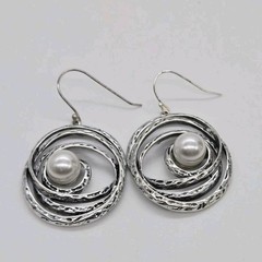 Spiral Earring Faux Pearl pierced Silver tone Hammered Dangle Boho 2.25 in