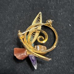 Vintage Natural Stone & Gold Tone Filigree Circle Brooch 1.75″ X 1.25″ MCM