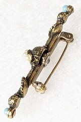 Vintage Etruscan Revival Seed Faux Pearls & Tiny Blue Cabs Bar style Brooch